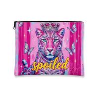 Borsa per il trucco con leopardo viziato, borsetta colorata per cosmetici con gatto coronato per donne, divertente piccola organizer con cerniera, borsa per la cura della pelle delle feste, Pesca, 7x9