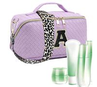 Borsa per il trucco con lettera iniziale, borsa per il trucco portatile impermeabile di grande capacità, borsa da toeletta classificata in tessuto per donne sua madre damigella d'onore, Viola, Refer