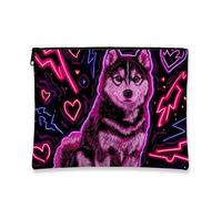 Borsa per il trucco con lupo al neon, vivace astuccio da viaggio con grafica animale, astuccio portatile con cerniera, organizer per la cura della pelle, regalo per festival, occasioni primaverili ed