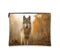 Borsa per il trucco con lupo, borsa da viaggio per donne, piccola borsa portatile in tela con cerniera, borsa da toilette autunnale, Marrone, 7x9 Inch, Lupo