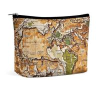 Borsa per il trucco con mappa del mondo consumata per donne, portatile, co