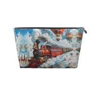 Borsa per il trucco con mongolfiera con treno rosso, trousse da viaggio per articoli da toeletta da donna, borsa per il trucco in pelle, borsa organizer per trucchi carina, Argento, Taglia unica