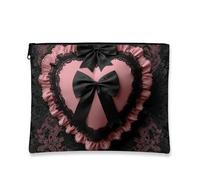 Borsa per il trucco con motivo a cuore, borsa da viaggio in pizzo con volant di pesca per le donne organizzatore portatile con piccola cerniera regalo di San Valentino borsa da toilette