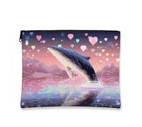 Borsa per il trucco con motivo a cuore, design pixelato con balena, borsa da viaggio per donne, piccola borsa portatile in tela con cerniera, carina per festival ed eventi, Blu, 7x9 Inch, Balena