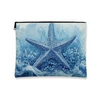 Borsa per il trucco con motivo a stella marina, borsa da viaggio per cosmetici da donna, piccola borsa portatile in tela con cerniera, borsa da toilette per la cura della pelle estiva da spiaggia, Blu