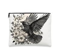 Borsa per il trucco con motivo floreale, corvo nero e fiori, borsa da viaggio artistica per donne, elegante organizer in tela con cerniera, regalo ideale per tutte le occasioni, nero, 7x9 Inch, Corvo
