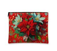 Borsa per il trucco con motivo floreale rosso, Poinsettia e fiore blu, da donna, piccola borsa portatile in tela con cerniera, borsa da toilette per la cura della pelle delle vacanze, Rosso, 7x9 Inch