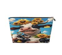 Borsa per il trucco con motivo "Girasole, mucca, campo gioioso", borsa da viaggio per cosmetici, per donna, 7 x 2,4 x 5 pollici