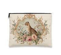 Borsa per il trucco con motivo leopardato floreale, borsa da viaggio per donne, piccola borsa portatile con cerniera, scelta perfetta per festival di primavera, Beige, 7x9 Inch, Leopardo