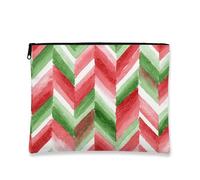 Borsa per il trucco con motivo natalizio a zigzag, borsa da viaggio per cosmetici ad acquerello rosso verde per donne, piccola borsa portatile in tela con cerniera, borsa da toilette per la cura della