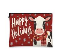 Borsa per il trucco con mucca, borsa da viaggio per cosmetici da donna, piccola borsa portatile con cerniera in tela, borsa da toilette natalizia per la cura della pelle, Rosso, 7x9 Inch, Mucca