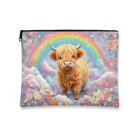 Borsa per il trucco con mucca delle Highland arcobaleno, borsa da viaggio per cosmetici fantasy pastorale per donne, piccola borsa portatile in tela con cerniera, regalo di primavera per articoli da
