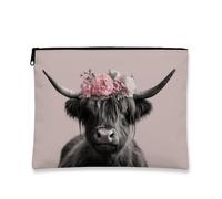Borsa per il trucco con mucca delle Highland, borsa da viaggio rustica scozzese floreale pesca per donne, piccola borsa portatile in tela con cerniera, borsa organizer per articoli da toeletta regalo