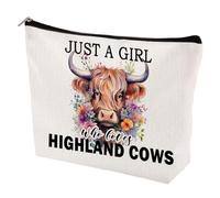Borsa per il trucco con mucca delle Highland, regalo personalizzato per donne e ragazze, con scritta "Just a girl who loves Highland Cows", graziosa borsa cosmetica per amanti delle mucche, regalo per