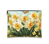 Borsa per il trucco con narciso, borsa da viaggio vintage floreale per donne, piccola borsa portatile in tela con cerniera, borsa da toilette primaverile per la cura della pelle, Giallo, 7x9 Inch