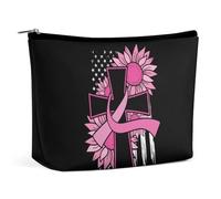 Borsa per il trucco con nastro rosa e girasole per la consapevolezza del cancro al seno, borsa da viaggio in PU, impermeabile, con cerniera, per articoli da toeletta da donna, 6,8x5,9 pollici