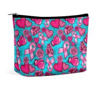 Borsa per il trucco con nastro rosa e rosa per la consapevolezza del cancro al seno, borsa da viaggio in PU, impermeabile, con cerniera, per articoli da toeletta da donna, 6,8x5,9 pollici