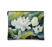 Borsa per il trucco con ninfea e fiori bianchi ispirati alla natura, borse da viaggio per donne, piccola borsa portatile in tela con cerniera, regalo per la cura della pelle borsa da toilette