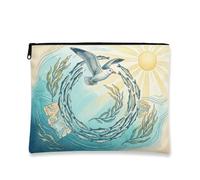 Borsa per il trucco con onde di gabbiano costiero, borsa per cosmetici vintage ispirata all'oceano per donne, organizer portatile in tela con cerniera, borsa da viaggio estiva, Blu, 7x9 Inch, Gabbiano