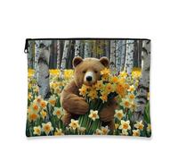Borsa per il trucco con orso carino, borsa da viaggio per cosmetici floreale con narciso per donne, piccola borsa portatile in tela con cerniera, borsa da toilette regalo primaverile, Giallo, 7x9 Inch