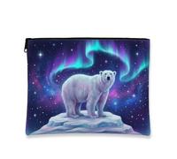 Borsa per il trucco con orso polare, astuccio per cosmetici Galaxy Aurora, da donna, organizer portatile in tela con cerniera, borsa da viaggio invernale, bianco, 7x9 Inch, Orso