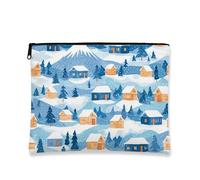 Borsa per il trucco con paesaggio invernale, fantasiosa borsa da viaggio per cosmetici con villaggio innevato per donna, organizer portatile in tela con cerniera, 7x9 pollici