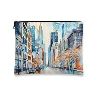 Borsa per il trucco con paesaggio urbano ad acquerello, borsa da viaggio per donne, piccola borsa portatile in tela con cerniera, borsa da toeletta regalo per uso quotidiano, Blu, 7x9 Inch, Cityscape