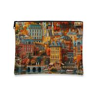Borsa per il trucco con paesaggio urbano, borsa da viaggio artistica vintage per donne, organizer portatile con cerniera, perfetta per regali autunnali e festival, Arancione, 7x9 Inch, Cityscape