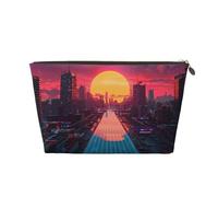 Borsa per il trucco con paesaggio urbano Cyberpunk al neon e tramonto, trousse da viaggio per articoli da toeletta da donna, borsa per il trucco in pelle, graziosa borsa per il trucco, Oro, Taglia