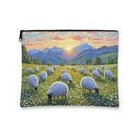 Borsa per il trucco con pecora scenica, vivace paesaggio pastorale, borsa da viaggio per donne, piccola borsa portatile in tela con cerniera, borsa da toilette per la cura della pelle, Verde, 7x9 Inch