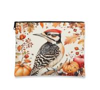 Borsa per il trucco con picchio autunnale, divertente astuccio da viaggio per donne e ragazze, organizer portatile in tela con cerniera, borsa da toilette rustica, 17,8 x 22,9 cm