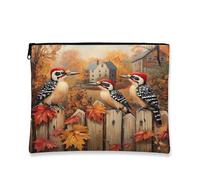 Borsa per il trucco con picchio autunnale, divertente astuccio da viaggio per donne, regali per ragazze, organizer portatile con cerniera in tela piccola 17,8 x 22,9 cm