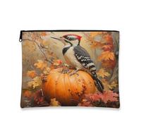Borsa per il trucco con picchio autunnale, vintage, con zucche autunnali, borsa da viaggio per donne, regali per ragazze, organizer portatile con cerniera, piccola tela con foglie, 17,8 x 22,9 cm