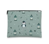 Borsa per il trucco con pinguino, lanterna invernale carina borsa da viaggio per donne, piccola borsa portatile in tela con cerniera, borsa da toilette per la cura della pelle delle vacanze, Verde