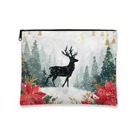 Borsa per il trucco con renna, borsa da viaggio per cosmetici floreale invernale da donna, piccola borsa portatile in tela con cerniera, organizer per articoli da toeletta per la cura della pelle