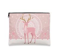 Borsa per il trucco con renna, borsa da viaggio per cosmetici invernale da donna, piccola borsa portatile in tela con cerniera, borsa da toilette natalizia per la cura della pelle, Pesca, 7x9 Inch