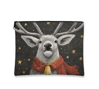 Borsa per il trucco con renna, borsa da viaggio rustica vintage per donne, piccola borsa portatile in tela con cerniera, borsa da toilette per la cura della pelle delle vacanze, Grigio, 7x9 Inch