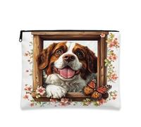 Borsa per il trucco con ritratto di cane, borsa da viaggio floreale vintage per cosmetici da donna, organizer portatile in tela con cerniera, borsa da toilette primaverile per la cura della pelle