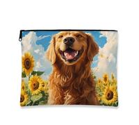 Borsa per il trucco con ritratto di cane, borsa da viaggio per cosmetici floreale con girasole per donne, custodia portatile in tela con cerniera, organizer per la cura, Giallo, 7x9 Inch, Cane