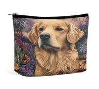 Borsa per il trucco con ritratto di Golden Retriever in un giardino floreale, organizer da viaggio per articoli da toilette, pochette cosmetica per donna, regalo di compleanno per mamma, ragazze, donn
