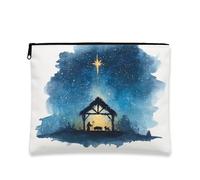 Borsa per il trucco con scena del presepe, borsa da viaggio per cosmetici ad acquerello con notte stellata per donne, organizer portatile in tela con cerniera, borsa da toilette per le vacanze, Blu