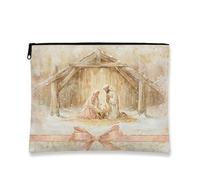 Borsa per il trucco con scena del presepe invernale, borsa da viaggio vintage natalizia per donne, organizer portatile in tela con cerniera, Pesca, 7x9 Inch, Presepe