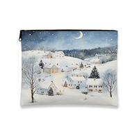 Borsa per il trucco con scena invernale, borsa da viaggio artistica con villaggio innevato per donne, organizer portatile con cerniera, borsa da toeletta per la cura della pelle delle vacanze, 17,8 x