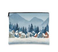Borsa per il trucco con scena invernale, borsa da viaggio artistica vintage per donne, organizer portatile in tela con cerniera, borsa da toilette per le vacanze, Blu, 7x9 Inch, Scena invernale
