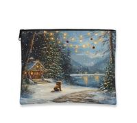 Borsa per il trucco con scena invernale, borsa da viaggio rustica vintage per donne, organizer portatile in tela con cerniera, borsa da toilette per la cura della pelle delle vacanze, 17,8 x 22,9 cm