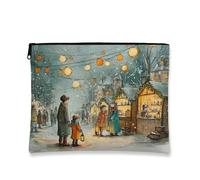 Borsa per il trucco con scena invernale, borsa da viaggio vintage fantasiosa per donne, piccola borsa portatile in tela con cerniera, regalo per le vacanze, Blu, 7x9 Inch, Scena invernale