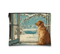 Borsa per il trucco con scena invernale, con illustrazione di cane Golden Retriever, borsa da viaggio per donne, piccola borsa portatile in tela con cerniera, borsa da toilette per la cura della pelle