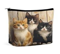 Borsa per il trucco con sfondo in legno e gattini carini, organizer da viaggio per articoli da toilette, pochette cosmetica per donna, regalo di compleanno per mamma, ragazze, donne e sorelle