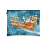 Borsa per il trucco con slitta di Babbo Natale, borsa da viaggio per cosmetici, da donna, piccola borsa portatile in tela con cerniera, borsa da toilette per la cura della pelle delle vacanze, Blu