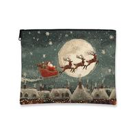 Borsa per il trucco con slitta di Babbo Natale, borsa da viaggio per cosmetici da donna, piccola borsa portatile in tela con cerniera, borsa da toilette per la cura della pelle delle vacanze, Rosso